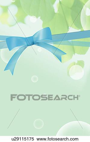 Stock Photography - Blue ribbon covering green branches and circles. Fotosearch