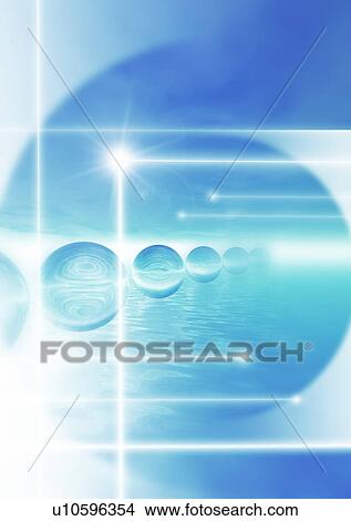 Picture - Blue spheres hovering over water. Fotosearch