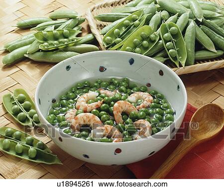 Stock Image - Boiled green pea and shrimp. Fotosearch