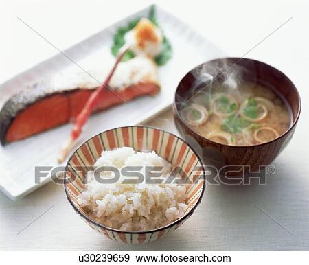 Stock Photo - Boiled rice, fish and miso soup. Fotosearch