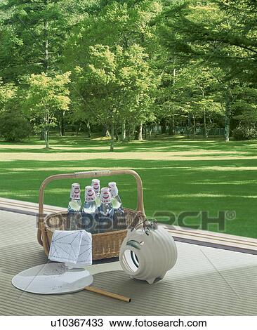 Bottled water in a picnic basket with incense burner and fan View Large Photo Image Stock Image - Bottled water in a picnic basket with incense burner and fan. Fotosearch