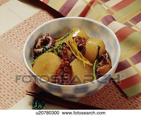 Bowl of cooked octopus and radish View Large Photo Image Stock Image - Bowl of cooked octopus and radish. Fotosearch