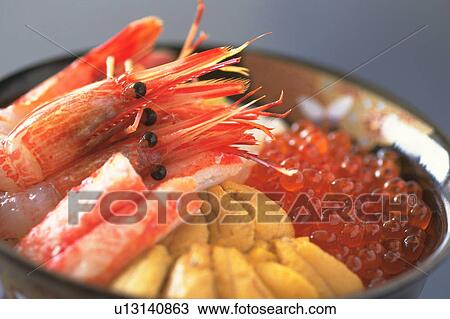 Bowl of salmon caviar, shrimp and sea urchin View Large Photo Image Stock Image - Bowl of salmon caviar, shrimp and sea urchin. Fotosearch