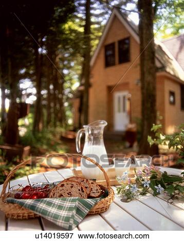Stock Photo - Breakfast of bread, cherries and milk on outdoor table. Fotosearch