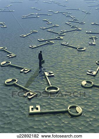 Stock Image - Businessman figurine surrounded by keys. Fotosearch