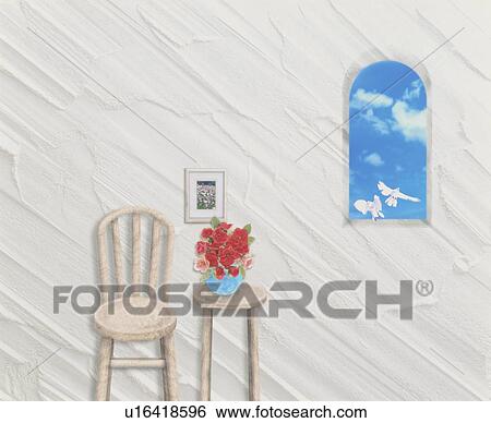 Stock Photograph - Chair and side table with white textured wall and window. Fotosearch