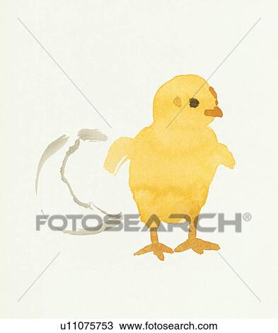 Stock Image - Chick and Eggshell, Water Color Painting. Fotosearch