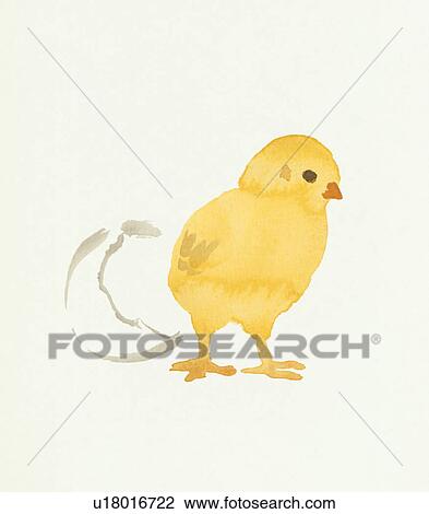 Stock Image - Chick and Eggshell, Water Color Painting. Fotosearch