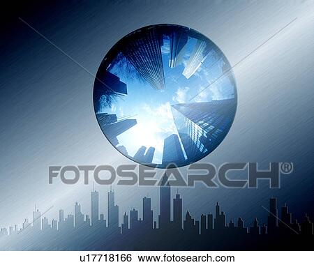 Circle reflecting buildings over a city skyline View Large Photo Image Stock Photograph - Circle reflecting buildings over a city skyline. Fotosearch