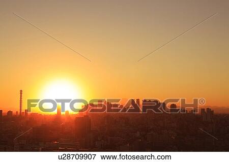 Stock Photo - Cityscape in the evening, Tokyo prefecture, Japan. Fotosearch