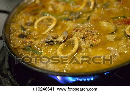 Stock Image - Close-up of a Paella. Tokyo Prefecture, Japan. Fotosearch