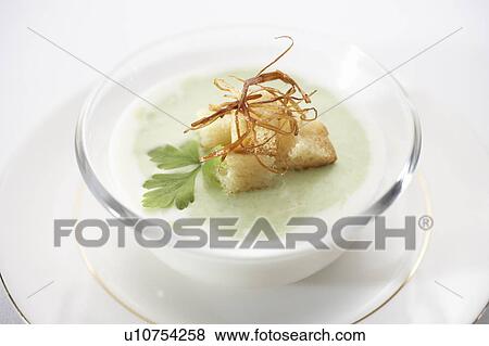Cold asparagus soup with croutons View Large Photo Image Stock Photo - Cold asparagus soup with croutons. Fotosearch