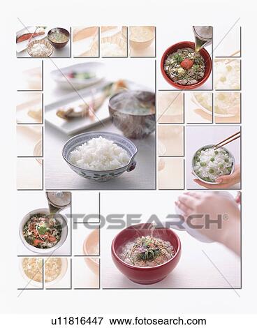 Stock Photo - Collage of different Japanese rice dishes. Fotosearch