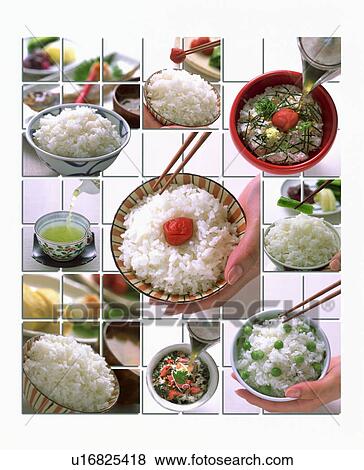 Stock Photo - Collage of different Japanese rice dishes. Fotosearch