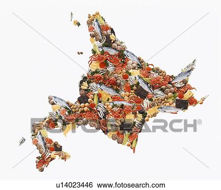 Stock Photograph - Collage of food in Hokkaido map shape. Fotosearch