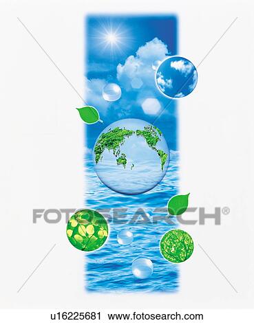 Stock Image - Composite of sky, water, globe, and trees. Fotosearch