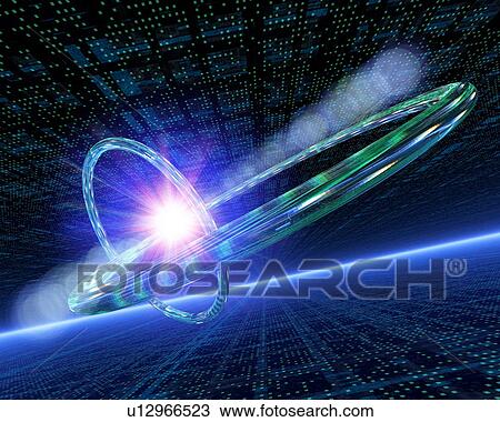 Stock Image - Connected rings floating through light between illuminated circuit boards. Fotosearch