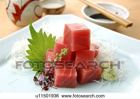 Stock Photograph - Cubes of raw tuna on plate. Fotosearch