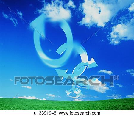 Stock Photograph - Curved arrows floating over a green field. Fotosearch