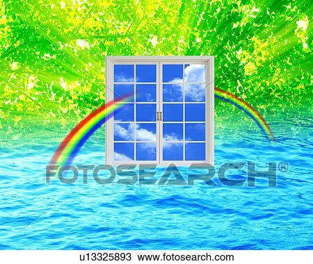 Stock Image - Digital composite of leaves and sea with window and rainbows. Fotosearch