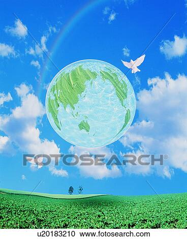 Earth and doves floating over green field View Large Photo Image Stock Image - Earth and doves floating over green field. Fotosearch