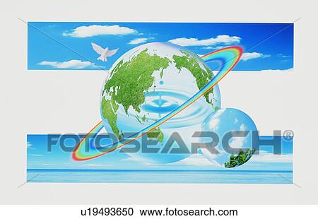 Earth circled by a rainbow with trees and dove View Large Photo Image Stock Image - Earth circled by a rainbow with trees and dove. Fotosearch