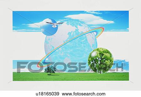 Stock Photo - Earth circled by a rainbow with trees and dove. Fotosearch