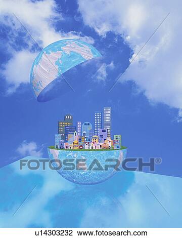 Earth floating in blue atmosphere opened to reveal city View Large Photo Image Stock Image - Earth floating in blue atmosphere opened to reveal city. Fotosearch