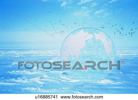Stock Image - Earth on snow with flock or birds. Fotosearch