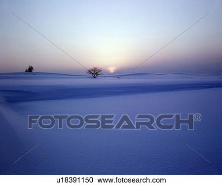 Stock Image - Evening Glow Over Snow Filed. Fotosearch