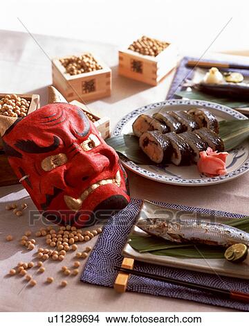 Food and mask for Japanese Setsuban festival View Large Photo Image Picture - Food and mask for Japanese Setsuban festival. Fotosearch