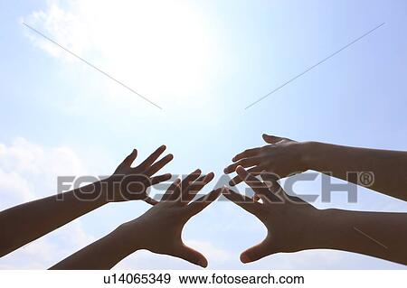 Four children's hands reaching towards sky View Large Photo Image Stock Photo - Four children's hands reaching towards sky. Fotosearch