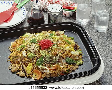 Stock Image - Fried noodles on hot plate. Fotosearch