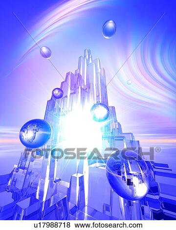 Stock Photo - Futuristic building with floating spheres. Fotosearch