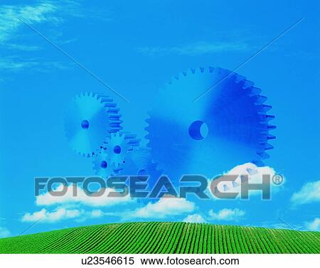 Gears floating over a farm View Large Photo Image Stock Photography - Gears floating over a farm. Fotosearch