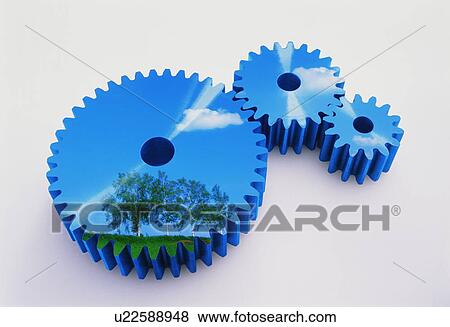 Stock Photo - Gears reflecting trees. Fotosearch