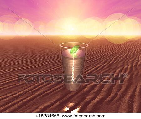 Stock Photo - Glass of water and leaf in desert, computer graphic. Fotosearch