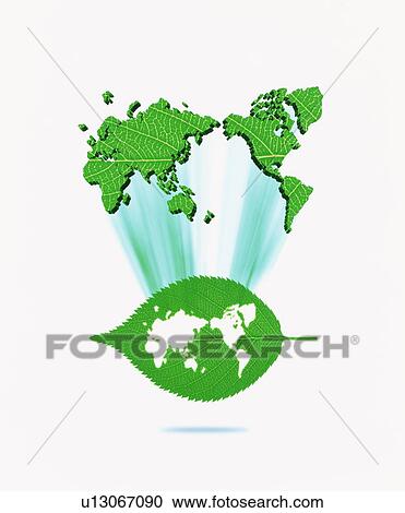 Stock Image - Global Map Jumping Out From Green Leaf. Fotosearch