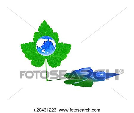 Stock Image - Globe and leaf, computer graphic, white background. Fotosearch