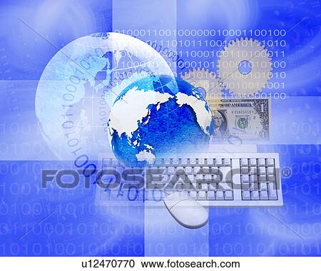 Stock Image - Globe, computer equipment and binary codes. Fotosearch