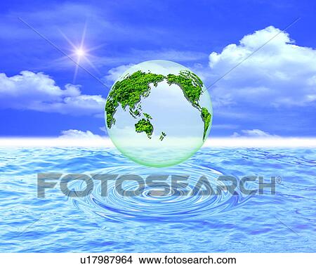 Picture - Globe on above rippled water. Fotosearch