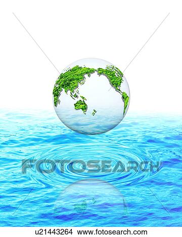 Picture - Globe on above rippled water. Fotosearch
