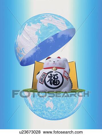 Globe opening to reveal maneki neko View Large Photo Image Stock Photo - Globe opening to reveal maneki neko. Fotosearch