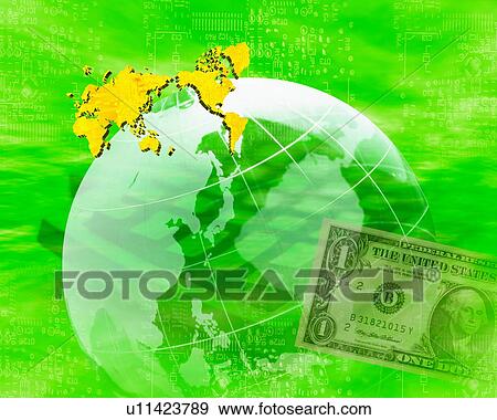 Stock Photo - Globe with keyboard and US currency. Fotosearch