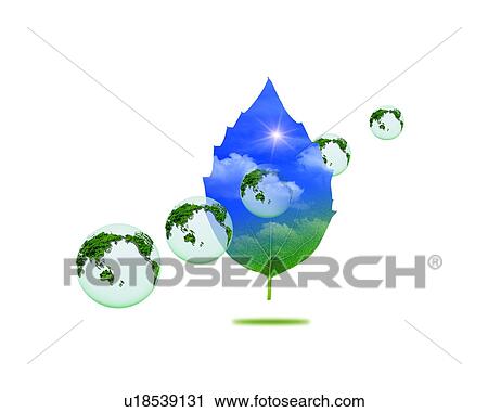Stock Image - Globes and leaf with image of sky, computer graphic, white background. Fotosearch