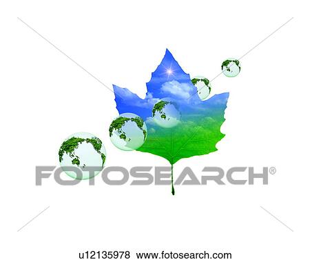 Stock Photo - Globes and leaf with image of sky, computer graphic, white background. Fotosearch