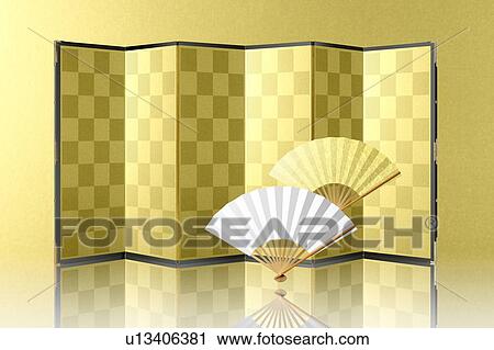 Golden folding screen and fan View Large Photo Image Stock Image - Golden folding screen and fan. Fotosearch