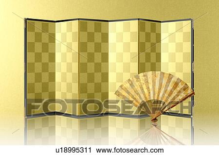 Stock Image - Golden folding screen and fan. Fotosearch