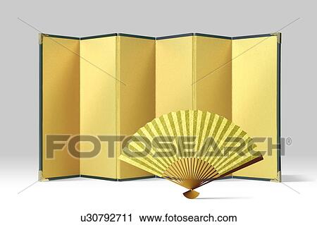 Golden folding screen and fan View Large Photo Image Stock Image - Golden folding screen and fan. Fotosearch