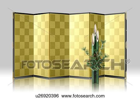 Stock Photograph - Golden folding screen and kadomatsu. Fotosearch
